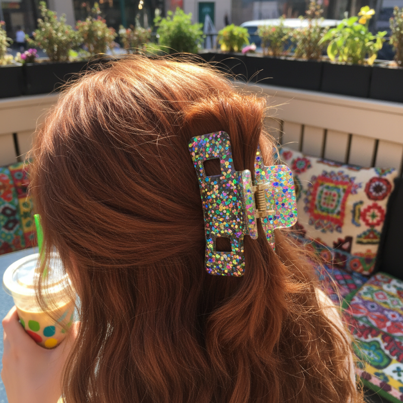 What is the 9cm Shining Rectangle Claw Clip With Multicolor Glitter?