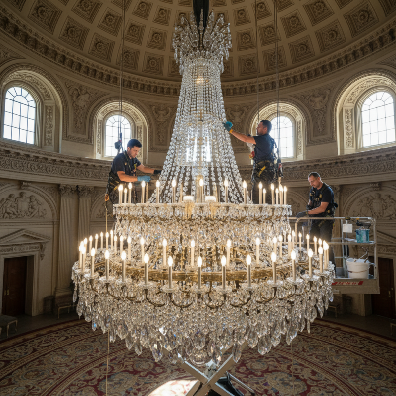 How to maintain large crystal chandeliers in high ceilings?