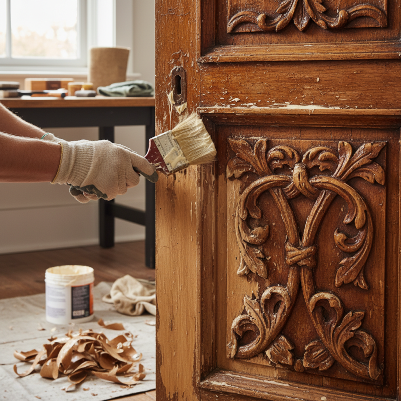 How to remove old varnish from a carved wooden door easily?