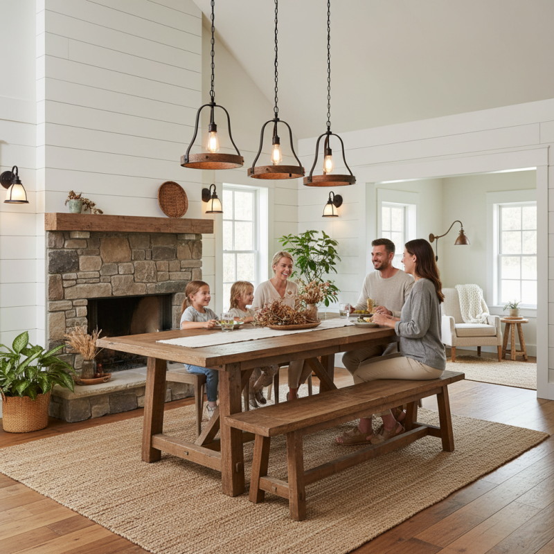 How do rustic lighting fixtures enhance farmhouse style homes?