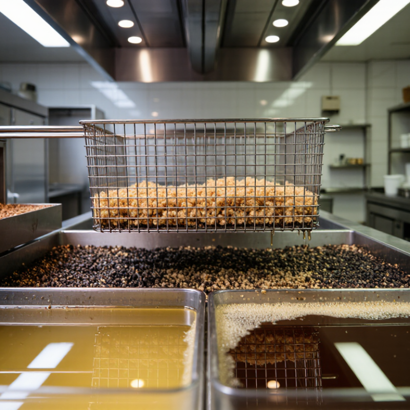 O que é filtrado regularmente de óleo em fritadeiras comerciais?